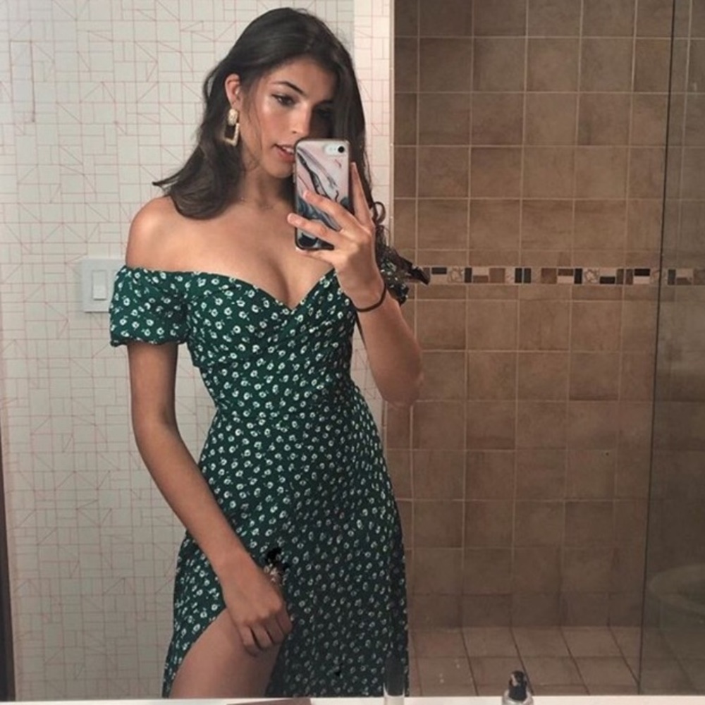 Reformation Green Floral Off-Shoulder Midi Dress